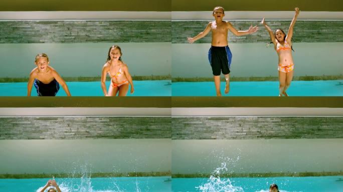 弟弟和妹妹以每秒250帧的慢镜头向后跳进泳池