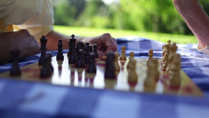 一对成熟的夫妇在公园下棋