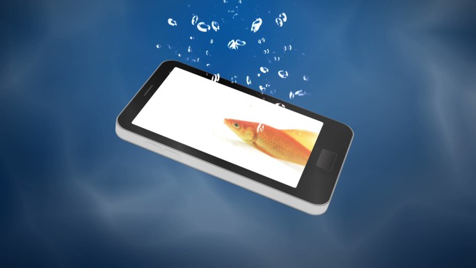 带有金鱼的手机在蓝色背景下落入水中