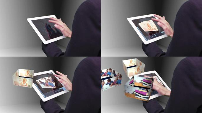 女人用平板电脑在灰色背景上观看全息教育视频