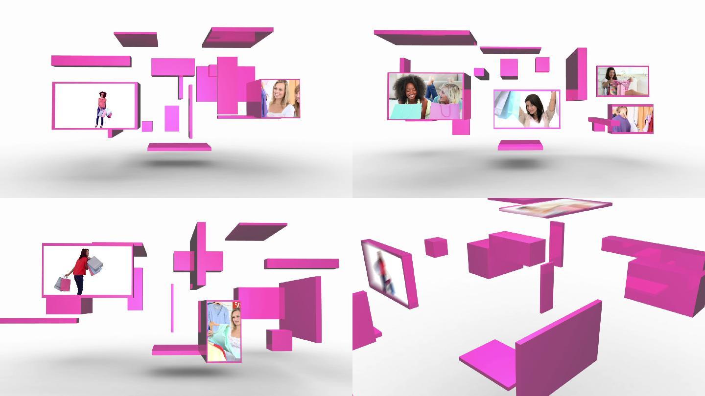 与朋友购物蒙太奇与复制空间结束呈现在粉色翻转屏幕上
