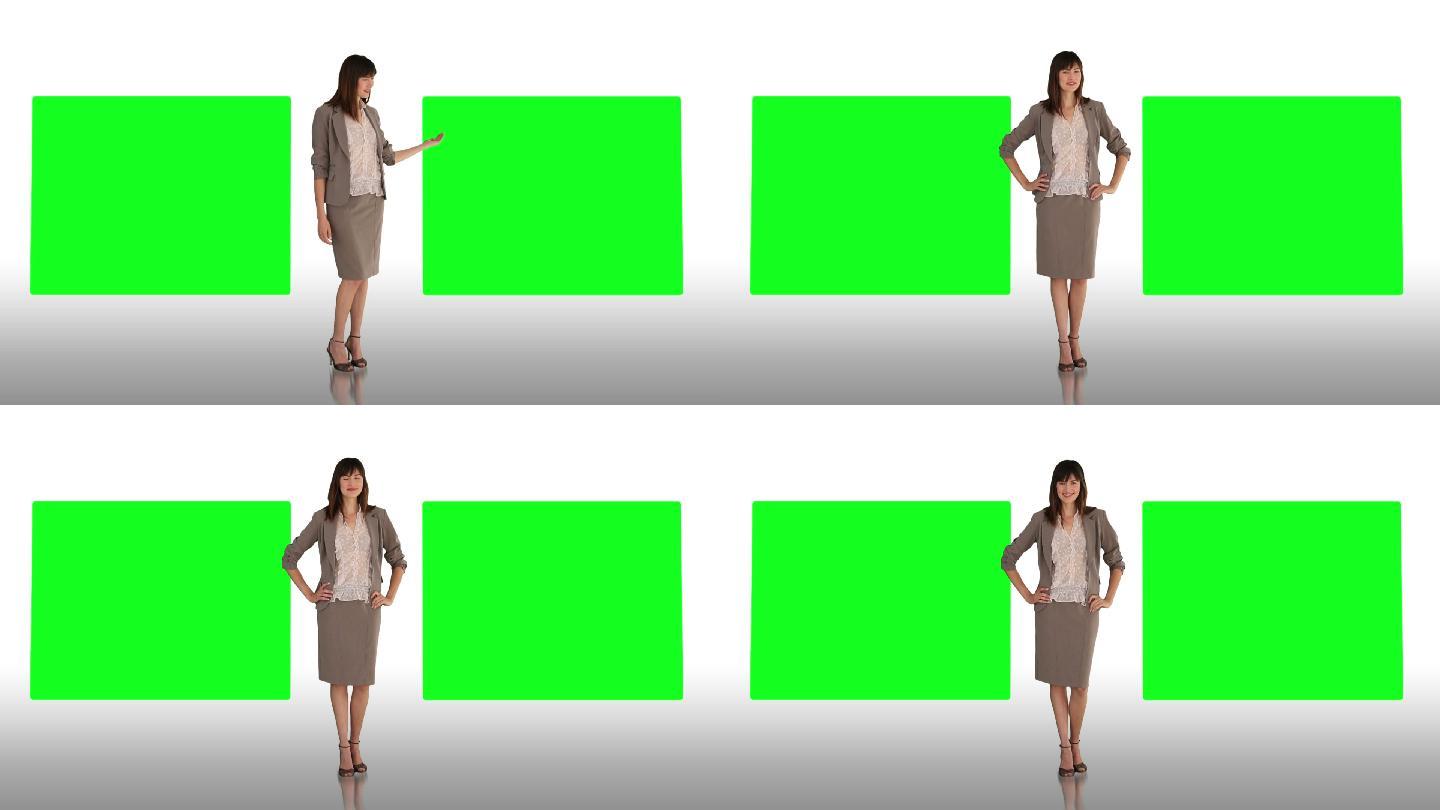 一个微笑的女商人用两个屏幕做演示，然后缩小到12个屏幕的动画