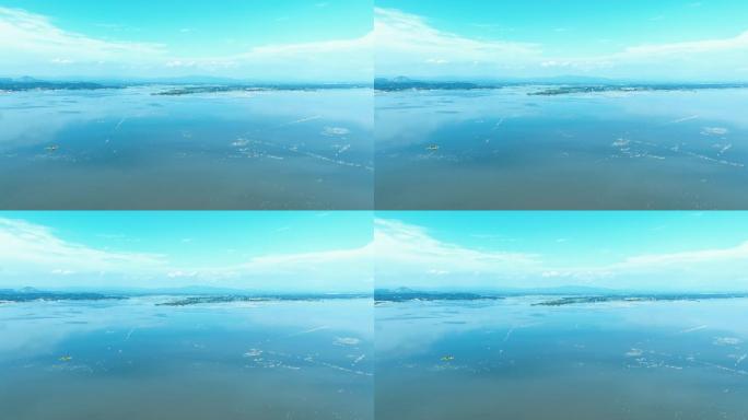 4K蓝天白云湖泊自然风景航拍