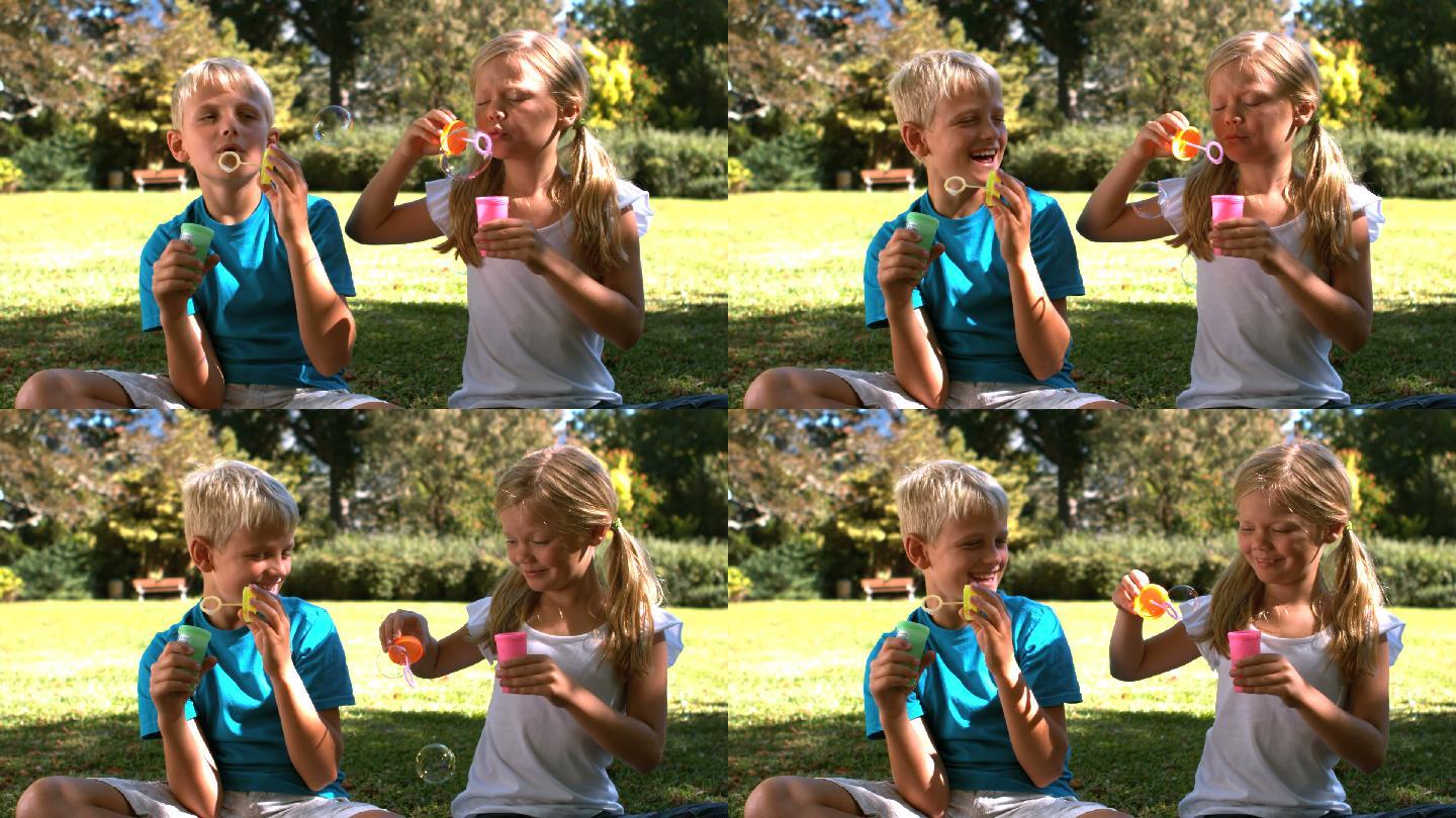 兄妹在公园里一起玩吹泡泡特写