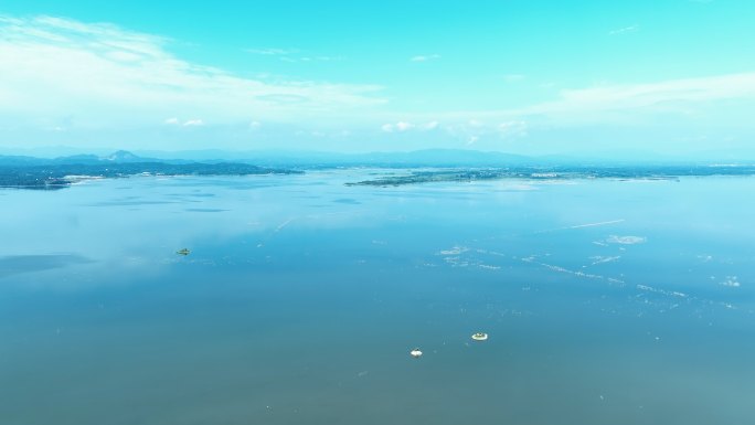 4K蓝天白云湖泊自然风景航拍