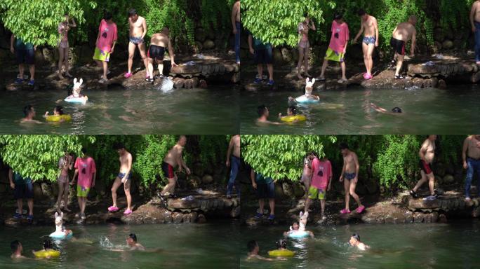 夏天清澈小溪溪水清凉孩子玩水戏水实拍素材