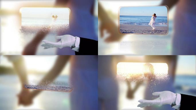 魔术师呈现一对幸福的夫妇牵手在海滩背景蒙太奇