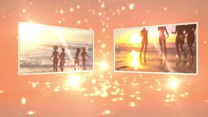 日落时分，年轻人在海滩上跳舞的动画视频