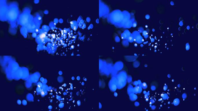 蓝色气泡以超慢的动作漂浮在蓝色背景的空气中