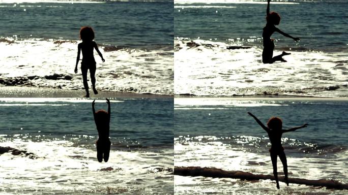 在慢镜头中，女人跑着跳进海里的剪影