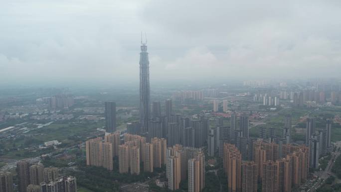 空中鸟瞰云中城市标志建筑