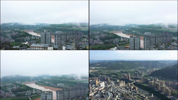 平昌城市 河流 航拍 建筑 云雾