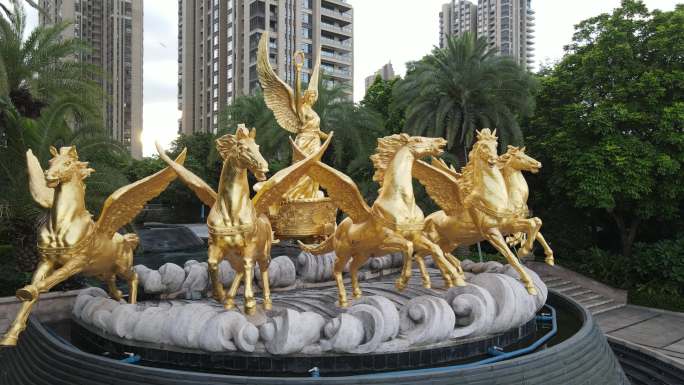 航拍地产江景豪宅金色雕塑