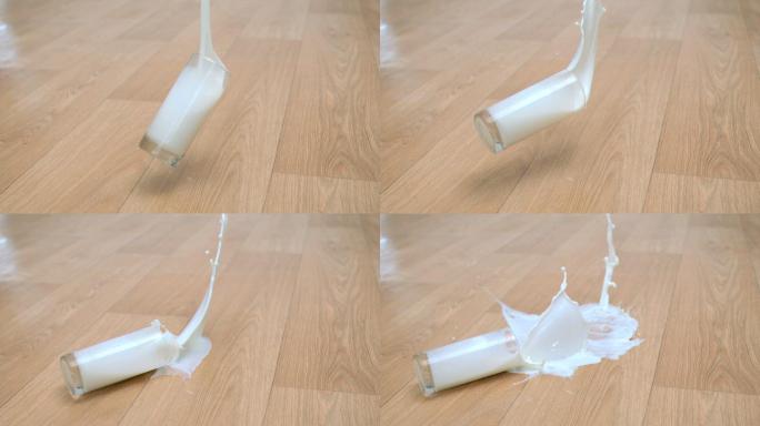 一杯牛奶摔到地板上特写