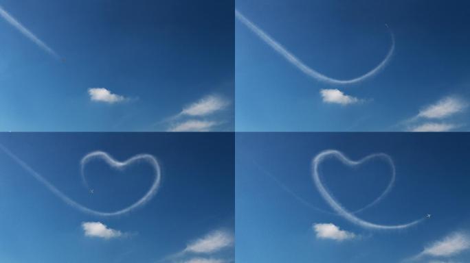 飞机在天空中喷射出心形云