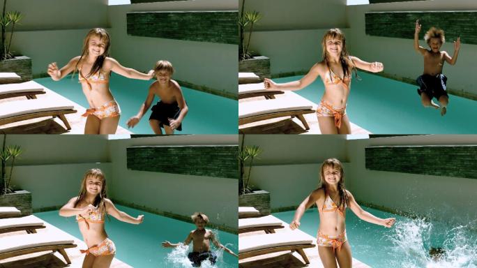 女孩在泳池旁边跳入哥哥跳入水中特写