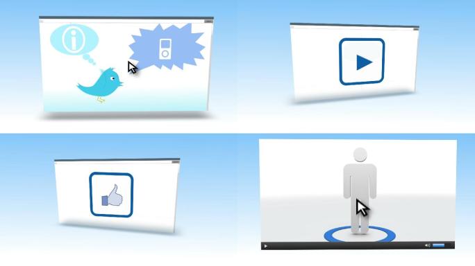 在数字蓝色背景下显示各种社交网络符号的动画