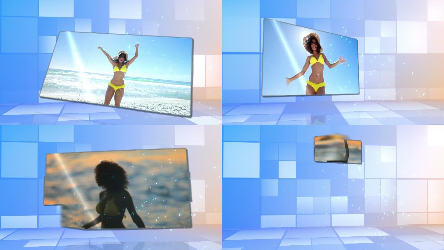 一个穿着比基尼的女人在海滩上跳舞的动画
