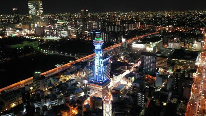 原创 日本大阪通天阁都市天际线夜景航拍