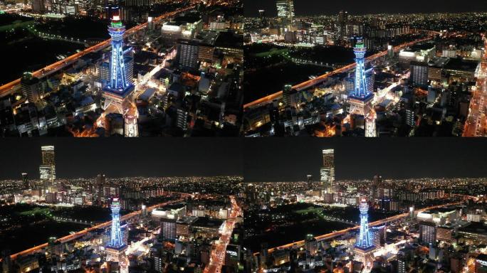 原创 日本大阪通天阁都市天际线夜景航拍