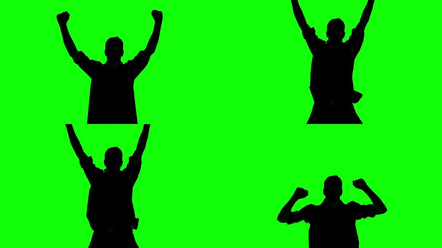 绿色背景下黑色男人剪影举手欢呼特效
