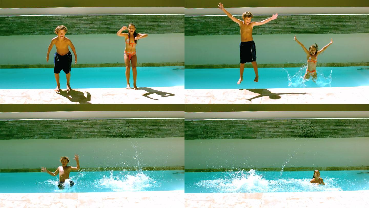 兄弟姐妹一起在游泳池里以每秒250帧的慢镜头跳跃