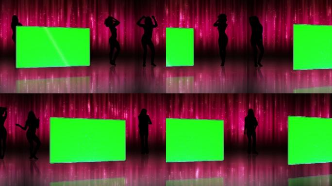 动画剪影的女性与屏幕在色度键跳舞