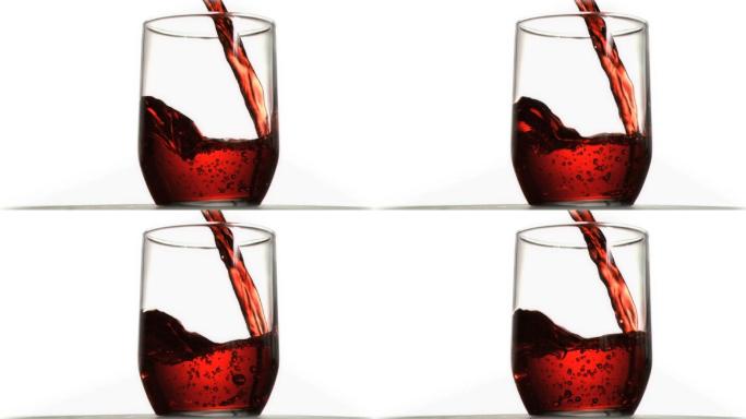 红色液体倒入玻璃杯中特写
