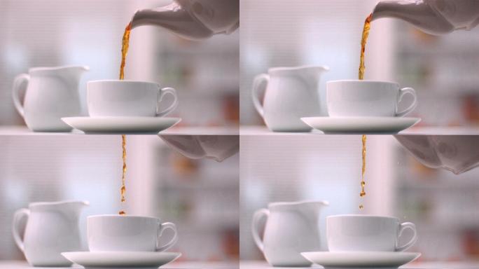 慢动作的茶壶倒茶咖啡茶水东方树叶红茶