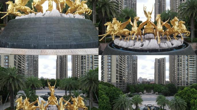 航拍地产江景豪宅金色雕塑
