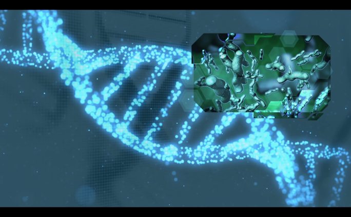 各种医疗剪辑出现在蓝色DNA螺旋背景上