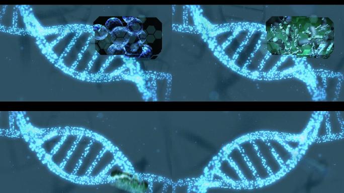 各种医疗剪辑出现在蓝色DNA螺旋背景上