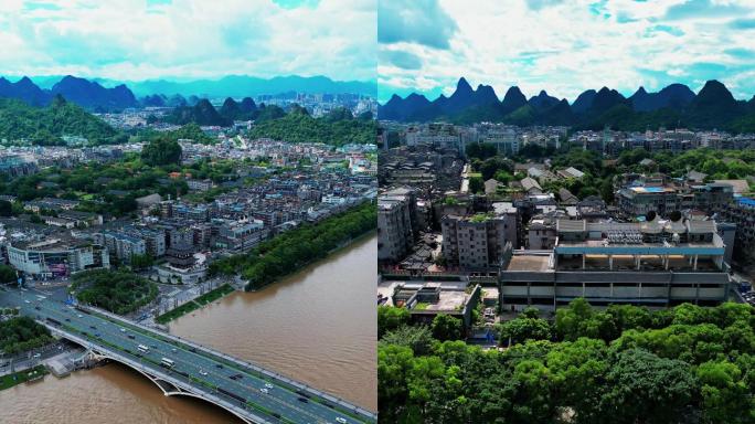 竖屏航拍桂林解放桥及岸边风光2022年新