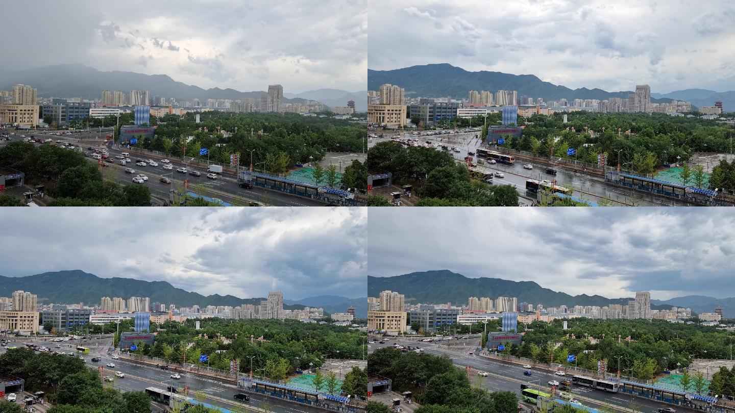 城市 大雨来袭 延时 山景 交通 车流