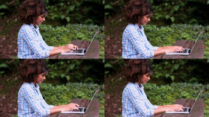 华丽的内容，褐发女人坐在野餐桌上使用笔记本电脑在一个公园