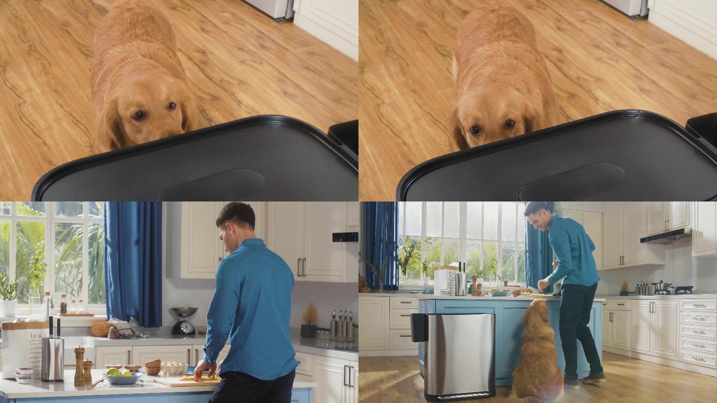 【4K】一位男人在厨房做菜 狗狗来找主人
