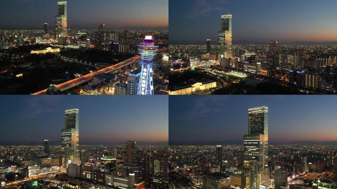 原创 日本大阪通天阁都市天际线夜景航拍