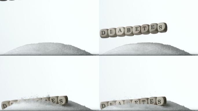 英文单词糖尿病骰子落在糖粉上特写