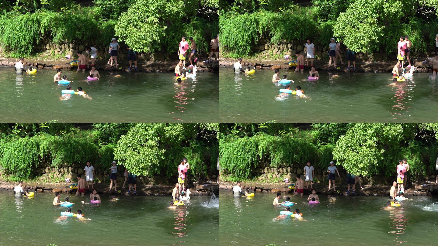 夏天老家小溪清澈溪水孩子大人玩水戏水清凉