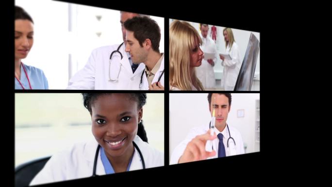 几个不同的短片显示医生以黑色背景结束