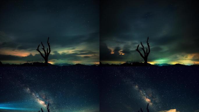 雷暴闪电星空银河延时摄影 树枯木前景星空