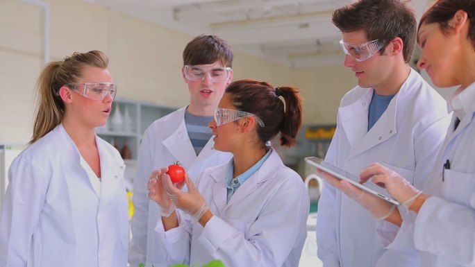 学生在实验室用平板电脑进行植物和蔬菜的研究