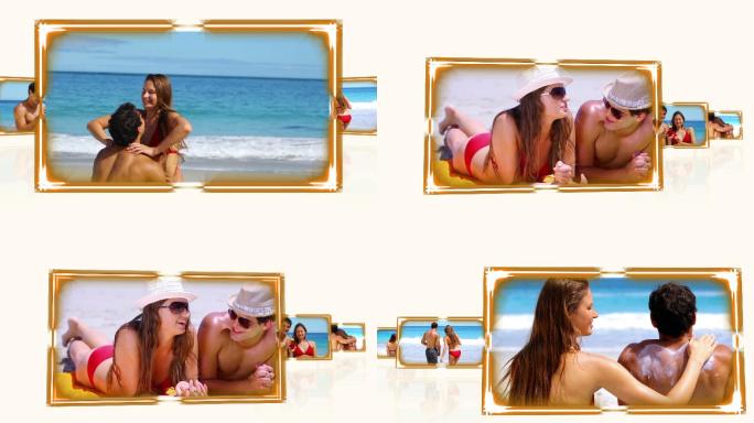 情侣在沙滩上互相涂防晒霜动画特效
