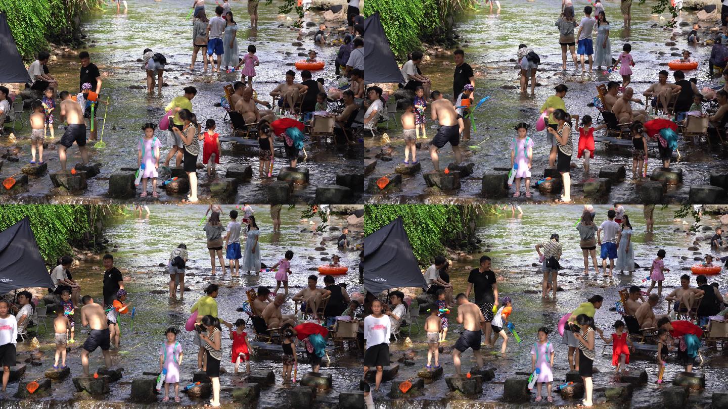 江南浙江夏天小溪溪水清凉孩子玩水戏水素材