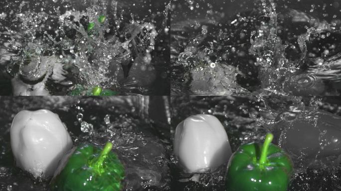 水中的辣椒特写彩色辣椒落水进水气泡广告片