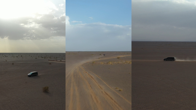4K航拍戈壁沙漠上商务汽车行驶鸟瞰