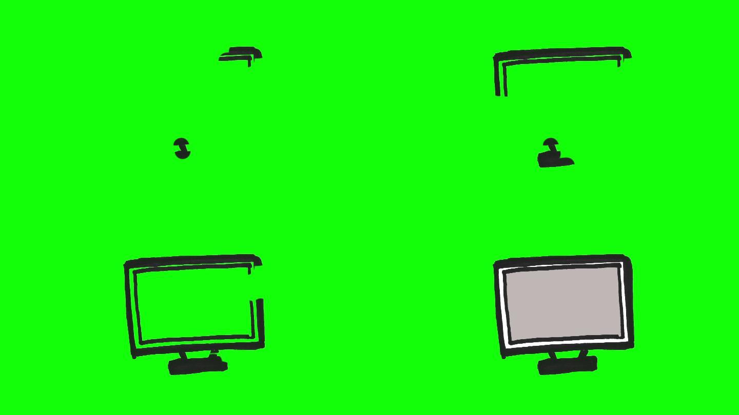 慢慢孕育的绿色屏幕上的彩色电脑显示器