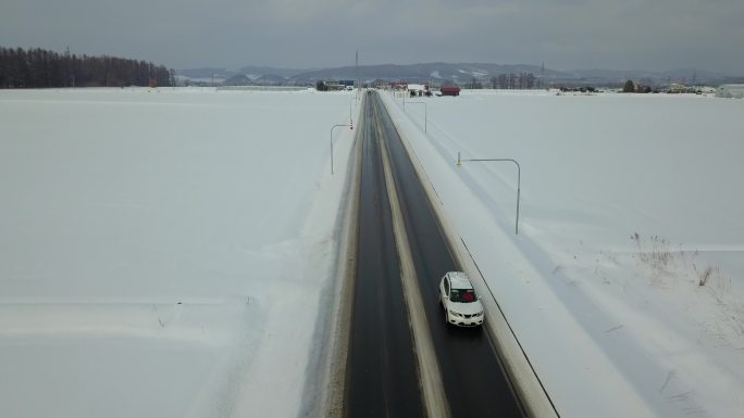 原创 日本北海道雪原公路自驾游风光航拍