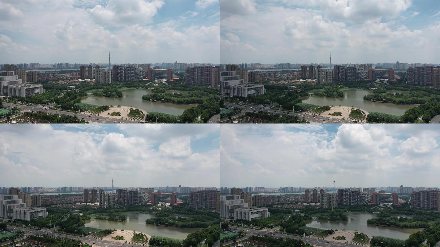 临沂五洲湖文化广场政务中心北京路航拍延时