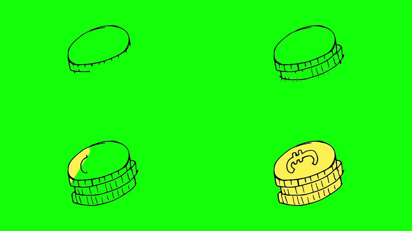 绿色屏幕上出现三个硬币动画特效